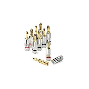 conecto Fiches bananes professionnelles, pour tous les c&acirc;bles de haut-parleur d'un diam&egrave;tre maximum de 6 mm&sup2;, 8 pi&egrave;ces avec anneau color&eacute; tout autour, rouge/noir, fiches plaqu&eacute;es or 24 carats, argent