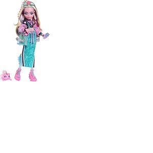 Monster High Poupée Lagoona Blue avec haut court et jupe longue sportive, accompagnée de son poisson Neptuna et de 7 accessoires incluant des lunettes coquillage, un snack et un sac à main, JHK33