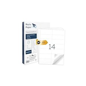RAYLU PAPER - Étiquettes auto-adhésives blanches à imprimer, autocollants en papier sur feuilles A4 pour imprimante à jet d'encre et laser et photocopieurs, 14 Étiquettes par Feuille (105 x 42,3 mm)