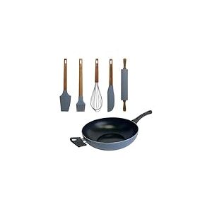 Wok de &Oslash;30 cm en aluminium press&eacute; de couleur bleue + Set de 5 ustensiles en silicone et bois NOIA San Ignacio