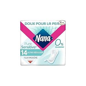 Nana PureSensitive Serviettes Hygiéniques Ultra Régulier - Flux Modéré - 0 % Allergène*, Parfum, Colorant - 14 Unité (Lot de 4)