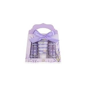 Accentra - Set de douche cadeau pour femmes LAVANDE dans caisse-cadeaux - Kit soins 3 pcs avec gel douche, lotion pour corps & bain moussant - Ensemble bien-être pour l'anniversaire & Saint-Valentin