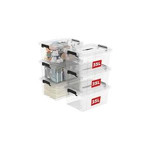 Cetomo 35L*6 Boîte de Rangement, Bac de rangement avec Poignée, Plastique Organisateur avec Couvercle, Empilable, Transportable, pour Vêtements, Bureau, Chambre, Dortoirs, Transparent, 35L - Lot de 6