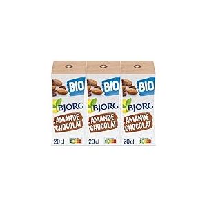 BJORG - Lait d'Amande Chocolat - Source de Calcium - 100 % Végétal - Pauvre en Acides Gras Saturés - Bio - 3 Mini Briques de 20cl