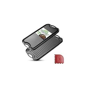 Nutrichef Plaque à Griller Réversible en Fonte-Plancha-Plancha pour Induction-Côtés Plat et Strié-Extra Large-Compatible Four -Sans PFOA et PFOS- Compatible avec Plusieurs Types de Plaques de Cuisson
