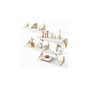 BAKAJI Lot de 4 étagères murales en bois blanc avec supports en métal doré, étagère murale multi-usages montage créatif, étagère pour chambre à coucher, salon, cuisine, salle de bain, bibliothèque peu