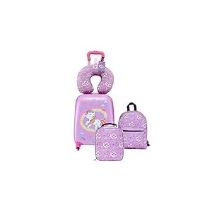 VEVOR Valise Enfant 32x23x45 cm Bagage Enfant Fille Gar&ccedil;on, Valise Cabine Rigide &agrave; roulettes Motif Licorne avec Sac &agrave; Dos, Oreiller U, Sac-Repas, &Eacute;tiquette Bagages Approuv&eacute;e par Compagnies A&eacute;riennes