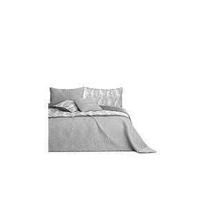 AmeliaHome Couvre-lit 220 x 240 cm Double Face Facile d'entretien matelassé Motif Plantes Gris Blanc Tropical Bonaire