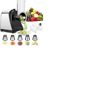 COOCHEER Coupe-légumes Électrique, 5 en 1 Râpe Multifonctionnelle Électrique, 250W Râpe et Hachoir Électriques, avec 5 Cônes en Acier Inoxydable, Convient pour Légumes et Carottes YF002