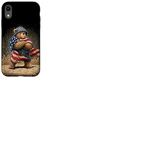 Costume d'ours en Casque Militaire et Drapeau américain Coque pour iPhone XR