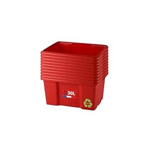 SUNDIS Bac de rangement 30L, lot de 10, en plastique recycl&eacute; rouge, L.46,5xl.36,5x H23cm, empilable et superposable, multiusage, id&eacute;al pour l&rsquo;atelier, le bricolage ou le transport