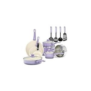 GreenLife Soft Grip Batterie de Cuisine avec Revêtement Antiadhésif Sain en Céramique Sans PFAS 16 Pièces, Avec Poêles, Casseroles, Faits-touts, Marmites, Lave-vaisselle, Compatible au Four, Lavender