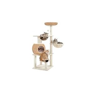 Yaheetech Arbre &agrave; Chat en Rotin Tour pour Chat en Peluche avec Cachette Ronde Perchoir Paniers Griffoir en Sisal Jouet Design Moderne 137,5 cm de Haut Beige