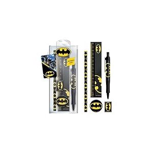 Batman Ensemble de Papeterie 6 pièces avec Stylo à Bille, Crayon, règle, Taille-Crayon et Gomme – Produit sous Licence Officielle, Noir/Jaune, Trousse à Crayons