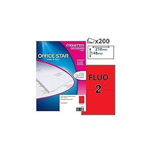 OFFICE STAR - Boite de 200 étiquettes autocollantes multi-usages - Rouges Fluo - 210 x 148mm - Jet d'encre ou Laser - (OS43655RF)