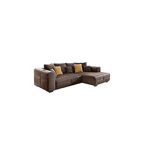 Cavadore Mavericco Canap&eacute; d&rsquo;Angle en Microfibre avec Chaise Longue &agrave; Droite, Pieds en Bois et Coussins, Aspect Cuir Vieilli, 285 x 69 x 170 cm, Marron