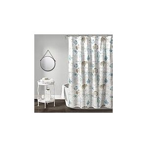 Lush Decor Rideau de Douche Harbor Life, 182,9 cm de Large x 182,9 cm de Long, Bleu et Taupe – Imprimé Corail, Poisson et étoile de mer – Rideau de Douche Hippocampe et Coquillages – Rideau de Douche