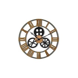 FLEXISTYLE Horloge Murale Design Industriel - Grande Taille - Diamètre : 80 cm - Aspect Bois - Chêne - sans Bruit de tic-tac - pour Salon - Gris