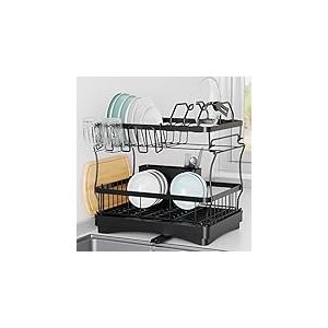 Aonee Égouttoir à Vaisselle à 2 Niveaux avec Fonction de Verrouillage de l'eau, égouttoir à casseroles, Porte-Couverts, Support pour Planche à découper et Porte-gobelet, Grand égouttoir à Vaisselle