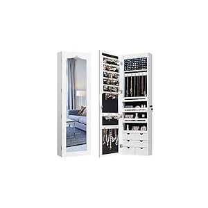 COSTWAY Armoire &agrave; bijoux avec &eacute;clairage LED, 6 tiroirs et miroir, armoire suspendue pour porte et montage mural, verrouillable (blanc)