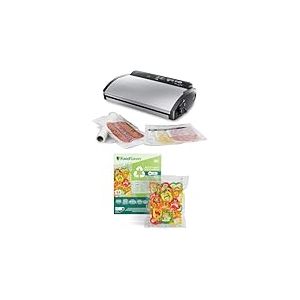 FoodSaver Machine Sous Vide, avec compartiment de rangement pour rouleau et cutter et 3 vitesses d'aspiration, inclut sacs de mise sous vide assortis+d&rsquo;Emballage sous Vide, Sacs recyclables