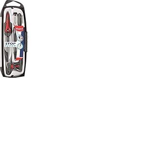 Maped - Coffret Compas Maped Stop System 5 pièces - Système de Verrouillage Breveté - Tracé Parfait - Avec Sécurité Protège Pointe - Compas Mine + Bague + Porte-mine 0.5 mm + Étui et Taille Mines