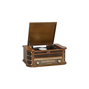 DENVER Electronics MCR-50 Lecteur de disques vinyles Design rétro. Radio FM/AM. Lecteur CD et Cassette. Haut-parleurs 5W. Fonction d'enregistrement. Boîtier en Bois