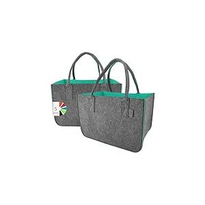 IDEA HOME Sac en Feutre Shopper 2 pièces Grand - 30 litres Sac de Courses XXL Pliable Panier à Bois de Cheminée Sac à Jouets, Gris Foncé/ Turquoise, XL