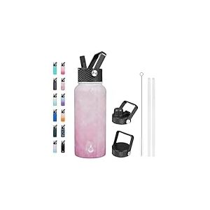 BJPKPK Grande bouteille d'eau isotherme avec couvercle à paille, grande bouteille d'eau en métal avec 3 couvercles, réutilisable, anti-fuite, sans BPA, bouteille d'eau de cantine en acier inoxydable