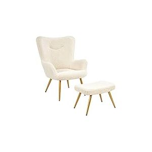 Yaheetech Fauteuil Scandinave &agrave; Oreilles avec Repose Pieds Fauteuil de Salon en Tissu Bouclette Dossier Ergonomique Chaise de Salon Design El&eacute;gant 67,5 cm &times; 70 cm &times; 97,5 cm Ivoire/1