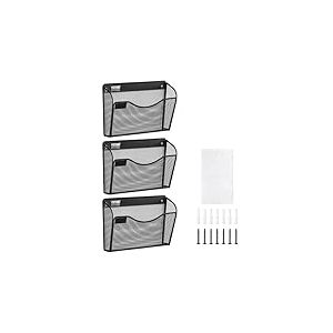 VEVOR Support mural de fichiers, 3 PCs, 1 poche, porte-documents en maille pour magazines, courrier, papier, organisateur mural en métal avec étiquette nominative, pour bureau, maison et école, noir