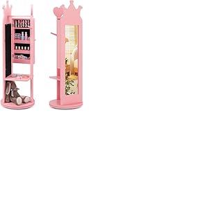 FANTASK Armoire à bijoux pour enfant rotative à 360 °, armoire miroir 4 en 1, avec miroir pleine longueur et porte-vêtements, organisateur de bijoux pour fille en rose, porte-bijoux pour enfant à
