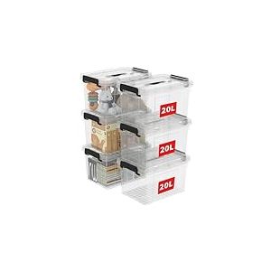 Cetomo 20L * 6 Boîte de rangement Bac de rangement Conteneur de rangement avec fermeture à clic et couvercle Organisateur transparent empilable Lot de 6, Clair