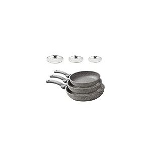 Lot de 3 poêles antiadhésives avec couvercle 20 – 24 – 28 cm, effet pierre pour induction, cuisson sans huile, idéal pour viande, poisson et légumes, fabriqué en Italie