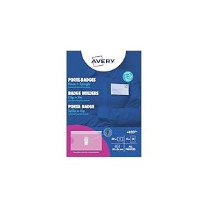 Avery - 4820-50 badges combi pince métal+épingle - plastique souple transparent+ 50 inserts micro perforés imprimables en planche A4-54x90 mm