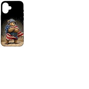 Costume d'ours en Casque Militaire et Drapeau américain Coque pour iPhone 16