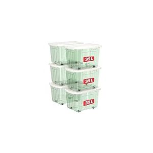 Cetomo 35L*6 Boîtes de Rangement avec Couvercles, Boîte de Rangement en Plastique avec Clips et Roulettes, Empilables, Encastrables, pour Placard de Bureau à Domicile, Vert Transparent, 35L, Lot de 6