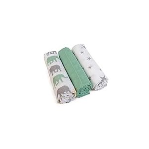 GRÜNSPECHT Lot de 3 couches en gaze 70 x 70 cm en 100% coton, sans azurant optique, doux pour la peau et absorbant, vert, étoiles, éléphants (1500-V4)