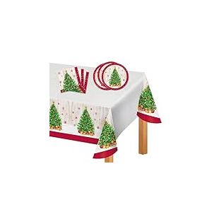 Decoraparty Set de vaisselle de Noël Vintage, décorations de table jetables pour 8 personnes pour fêtes thème de Noël, Xmas, jetables, 8 assiettes, 16 serviettes, 1 nappe (kit 25 pièces)