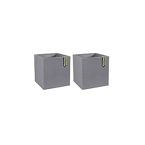 EDA - Pot Carré 40 cm Volcania 31 L - Décor Imitation Pierre - Double Paroi - Zone de Rétention d'eau - 39,5 x 39,5 x 43,5 cm - Gris Galet (Lot de 2)
