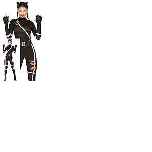 FIESTAS GUIRCA Déguisement Chat Noir Purrfect pour Femme - Comprenant une Combinaison Catsuit Noire Sexy avec Ceinture et Serre tête Oreilles de Chat - Costumes d'Halloween pour Femme Taille S