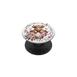 Jolie vache écossaise des Highlands dans une tasse à thé Art pastel floral PopSockets PopGrip Adhésif