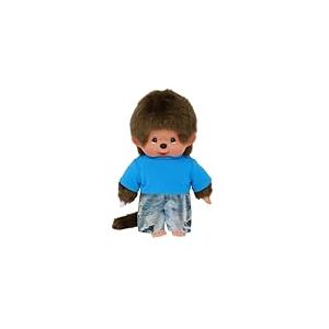 Sekiguchi 253852 - Monchhichi Original garçon avec Jeans et T-Shirt, Animal en Peluche Brun d'environ 20 cm