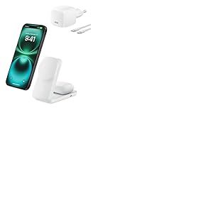 Belkin UltraCharge Chargeur Induction Qi2 25W, Station de Charge 2 en 1 pour iPhone 17, iPhone Air, AirPods, Pixelsnap, Compatible avec MagSafe avec Port-USB-C et Adaptateur 45W - Blanc