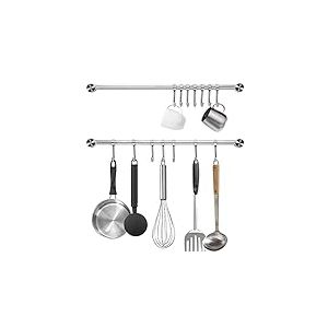 Audmore Lot de 2 supports de cuisine en acier inoxydable 304 15,6" avec 7 crochets coulissants pour casseroles, casseroles, spatules, ustensiles