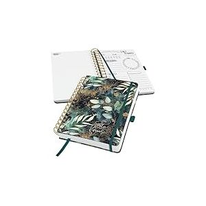 SIGEL JP203 Jolie Agenda de la journée sans date, Glamorous Leaves, 120 g/m², 16,8 x 21,5 cm, couverture rigide, 240 pages, vert, noir, gold