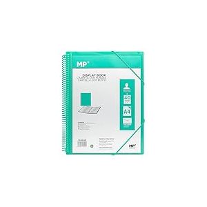 MP, Classeur de 40 pochettes transparentes avec spirale et &eacute;lastiques, avec enveloppe &agrave; bouton, pour usage scolaire et bureau, couleur turquoise