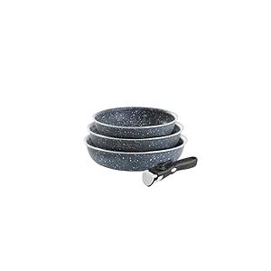 QDESIGN Lot de 3 poêles en Aluminium anti-adhésif sans PFOA avec poignée amovible - tous feux dont induction - Compatible lave-vaiselle et frigo - Gris marbre, Empilables 20/24/28 cm