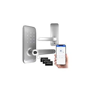 EURA ELH-01H4 Serrure de porte intelligente avec poign&eacute;e, serrure &agrave; code, lecteur de proximit&eacute; 13,56 MHz, lecteur biom&eacute;trique, application TTLock/TTHotel, IP65, espacement universel des verrous, blanc