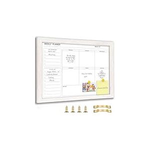 Marribol Tableau blanc hebdomadaire effaçable à sec pour mur 40,6 x 30,5 cm, cadre en bois massif, design minimaliste/moderne, tableau blanc magnétique pour liste de choses à faire, mémo, école,